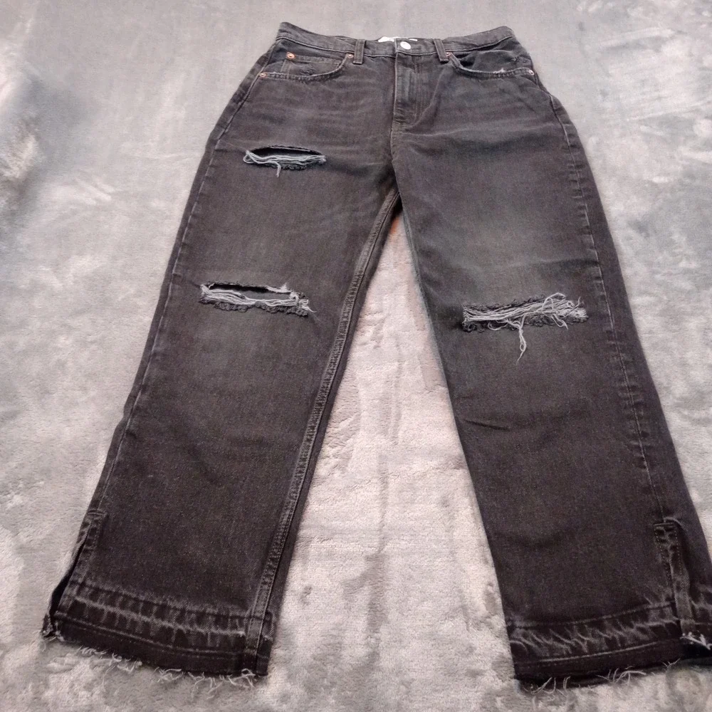 We The Free People Jeans Womens Size 27 Black Wide Leg Crop Distressed Cotton